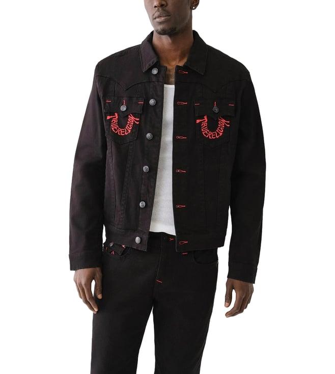 true religion black typography logo regular fit denim jackets