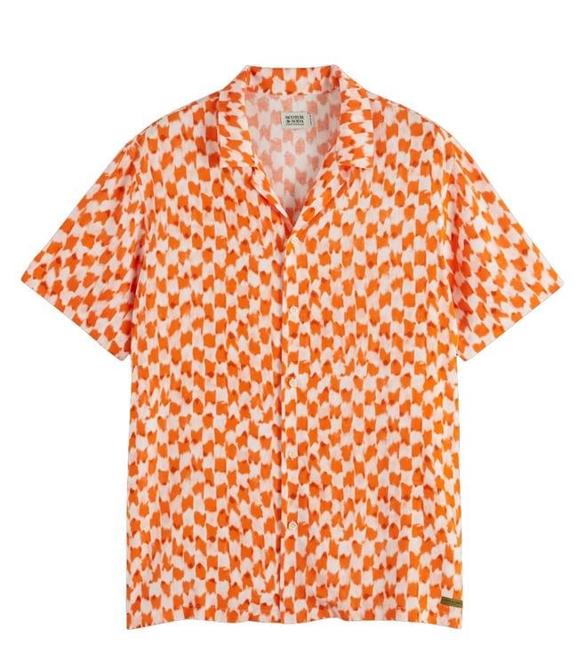 scotch & soda orange dyer checker aop printed camp collar shirt