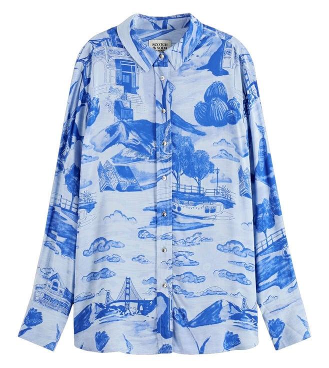 scotch & soda journey of the free mind blue viscose printed relaxed fit shirt