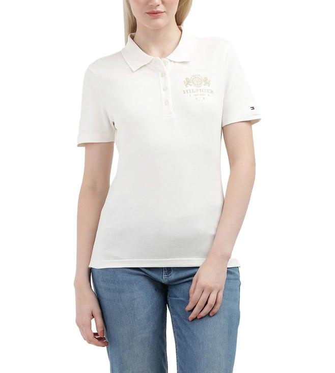 tommy hilfiger womens ancient white solid slim fit polo t-shirt