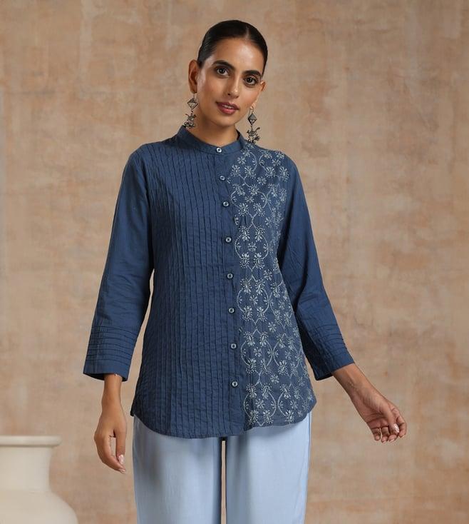 house of chikankari blue embroidered casual shirt