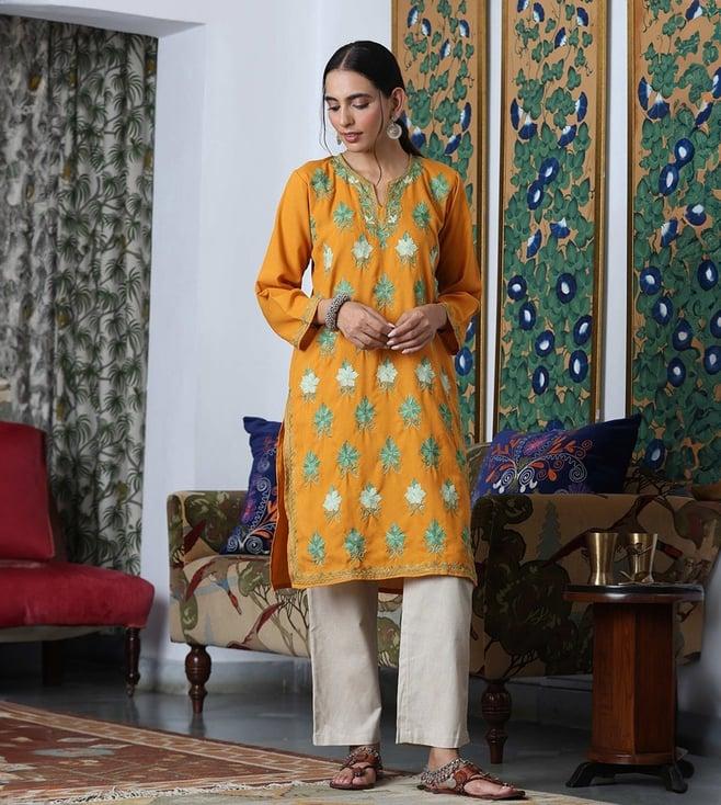 house of chikankari orange embroidered kurta