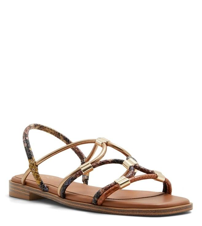 aldo women's bychana brown multi cross strap sandals (animal attack)