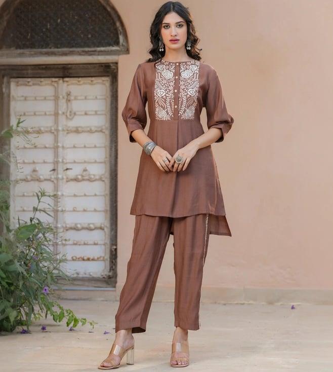 scakhi brown roman silk embroidered co-ord set tunic with pant