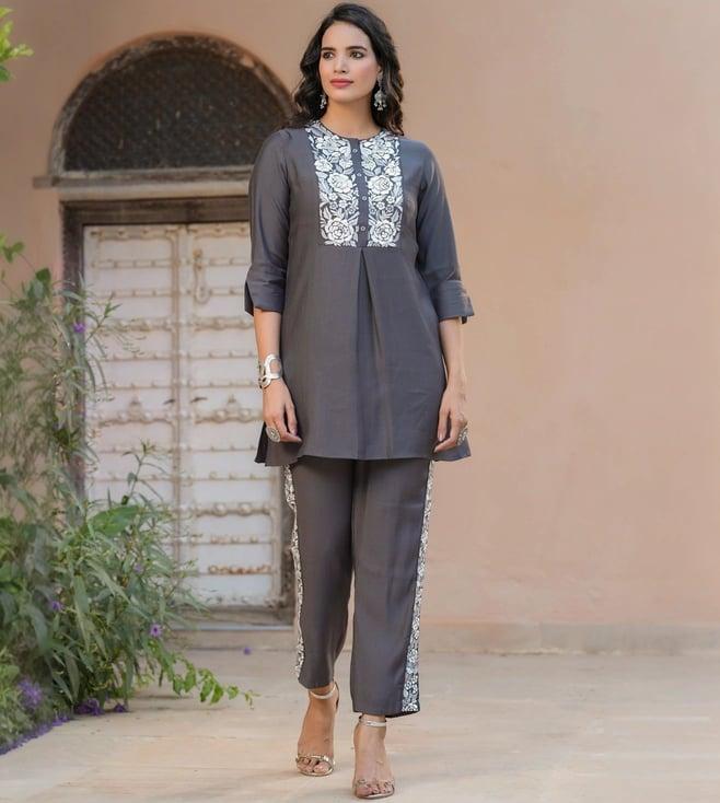 scakhi grey roman silk embroidered co-ord set tunic with pant