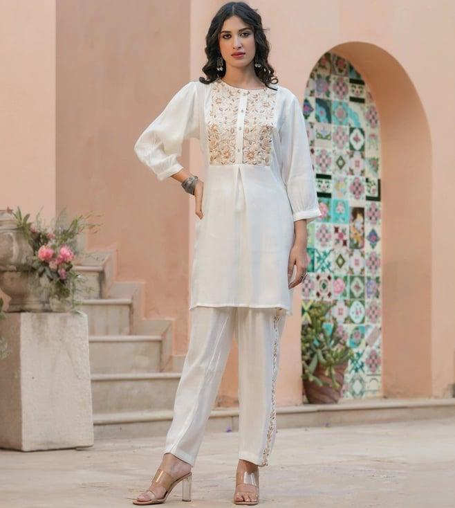 scakhi ivory roman silk embroidered co-ord set tunic with pant