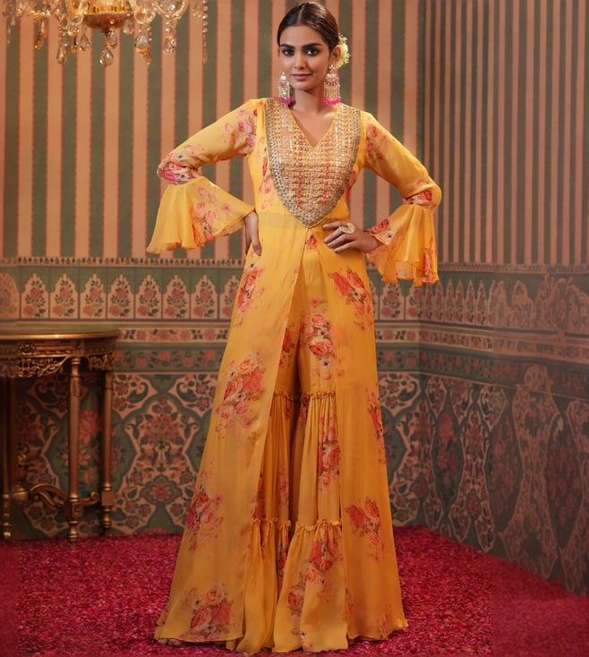 scakhi yellow organza floral fusion co-ord set kurta with sharara