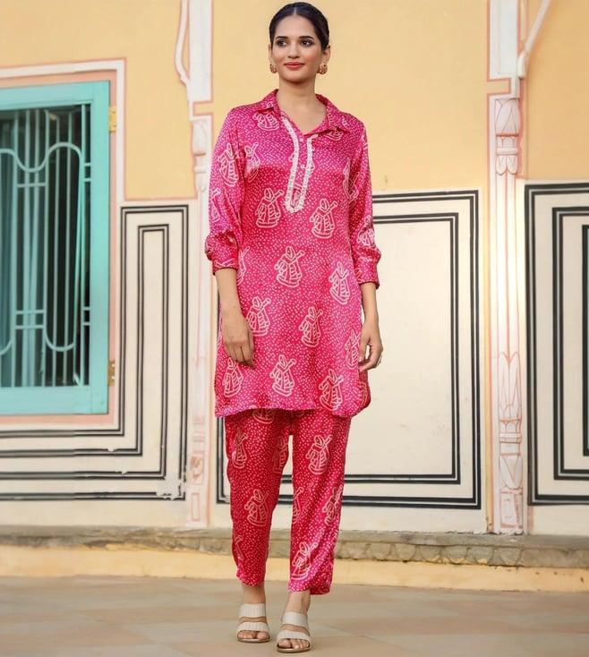 scakhi pink gaji silk bandhani co-ord set tunic with pant