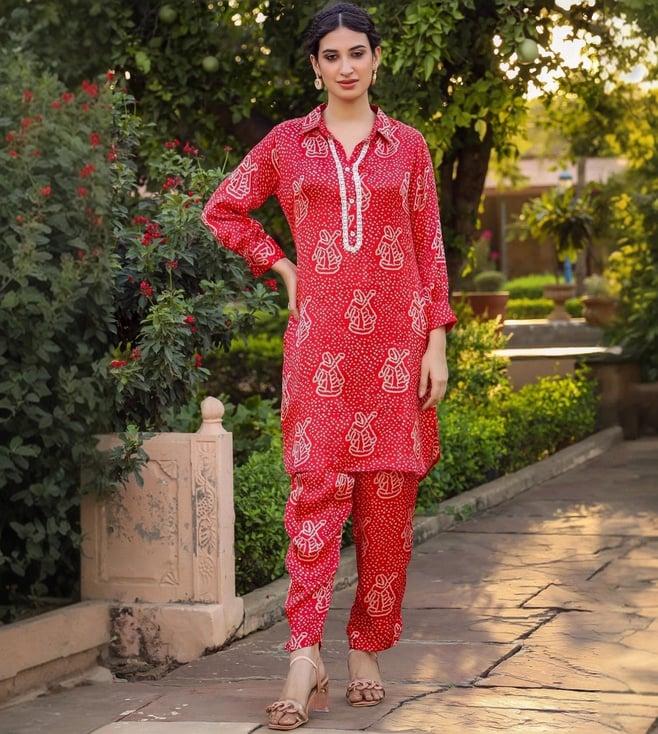 scakhi red gaji silk bandhani co-ord set tunic with pant