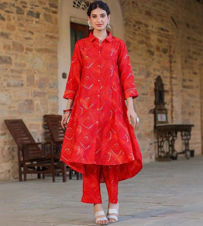 scakhi red modal bandhani co-ord set tunic with pant