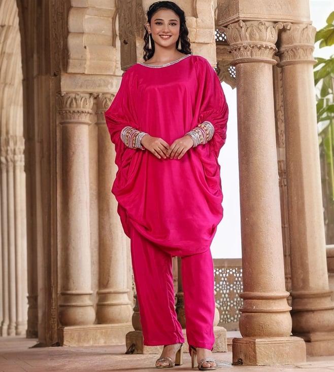 scakhi pink muslin silk poncho co-ord set with trouser and camisole