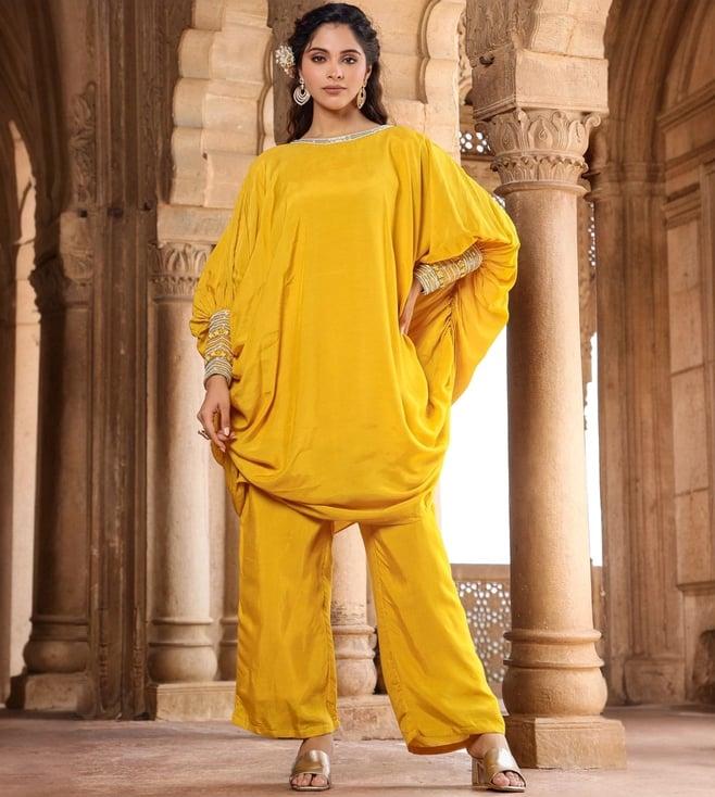 scakhi yellow muslin silk poncho co-ord set with pant and camisole