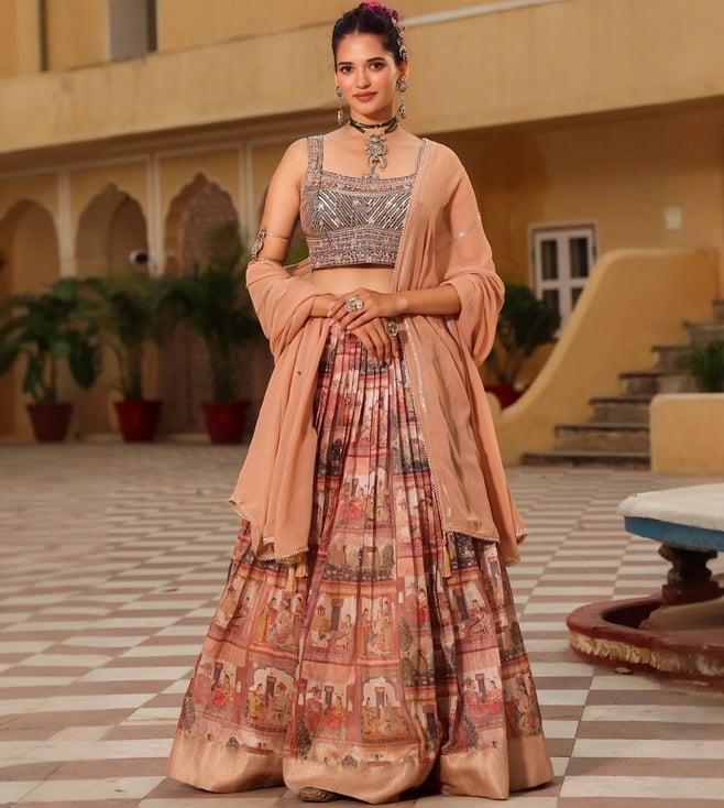 scakhi brown gheecha silk heritage pleated lehenga with blouse and dupatta