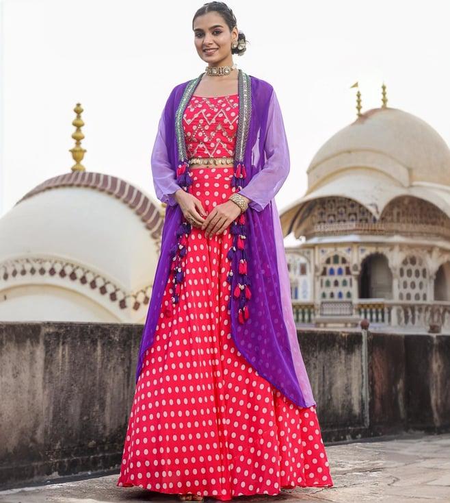 scakhi pink-purple muslin polka lehenga set with blouse and organza cape