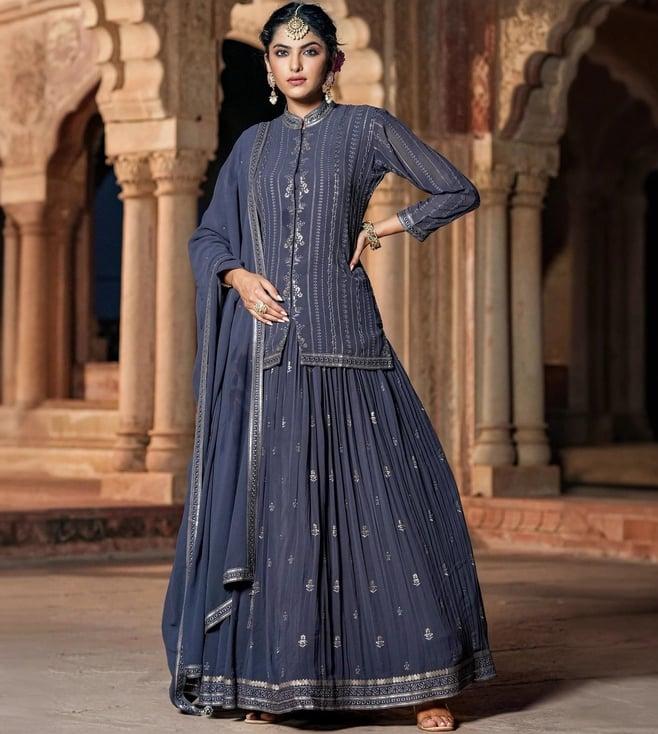 scakhi grey georgette sequin embroidered tunic jacket with lehenga set, camisole and dupatta