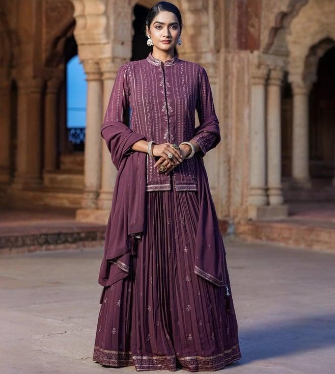 scakhi mauve georgette sequin embroidered tunic jacket with lehenga set, camisole and dupatta