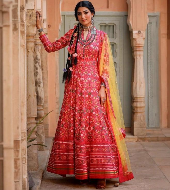 scakhi fuchsia cotton silk patola anarkali dress with belt & dupatta