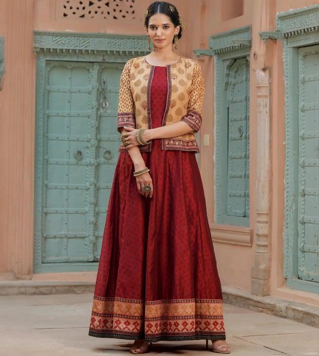 scakhi maroon banarasi kora silk ajrakh printed dress with jacket