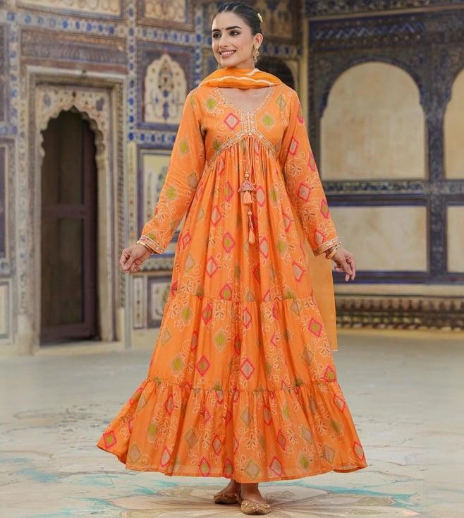 scakhi orange muslin silk bandhani dress with dupatta