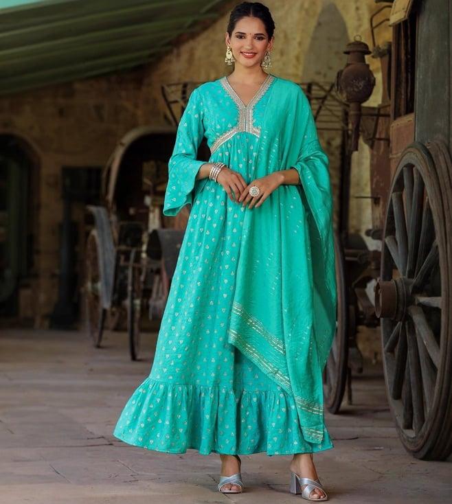 scakhi turquoise cotton jacquard dress with dupatta