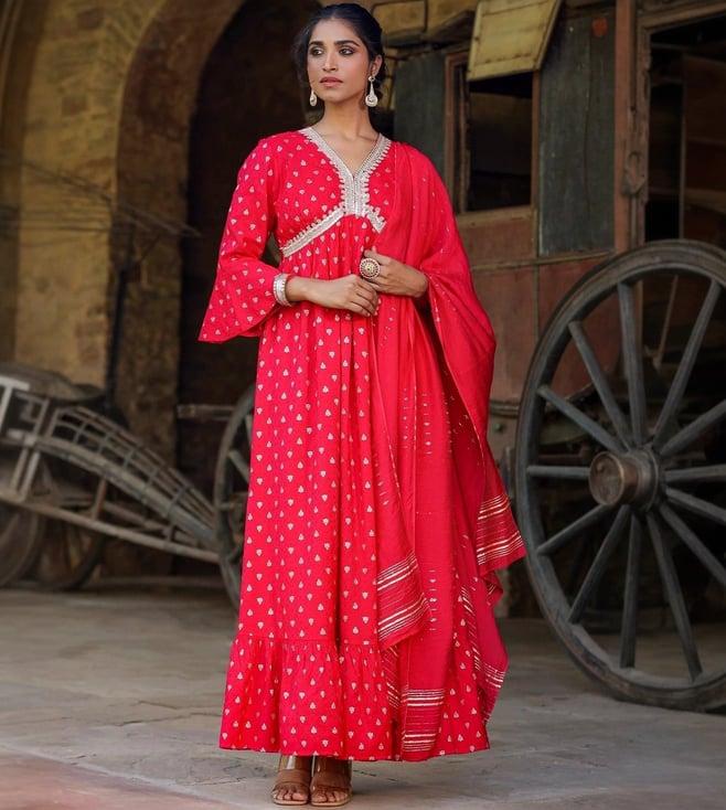 scakhi red cotton jacquard dress with dupatta