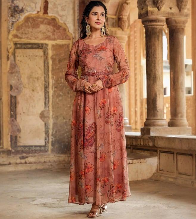 scakhi brown organza floral anarkali gown with belt