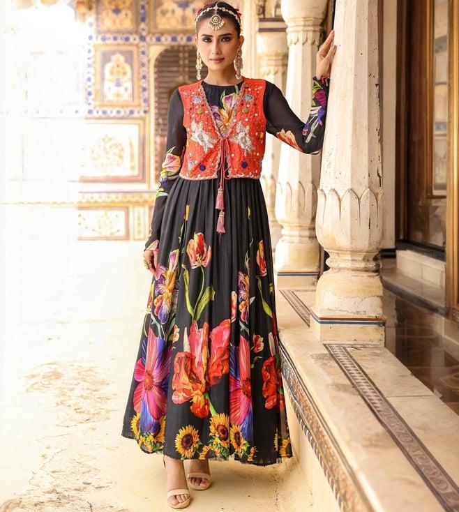 scakhi black chinon silk floral gown with embellished jacket