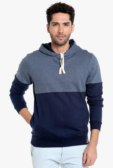 campus sutra steel blue full sleeves hooded sweatshirt