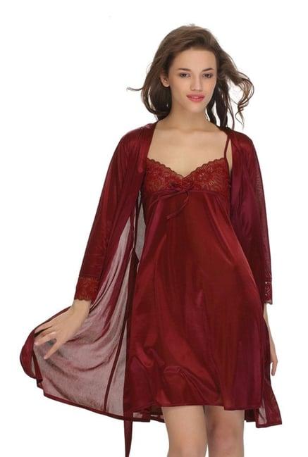 clovia maroon satin babydoll with robe