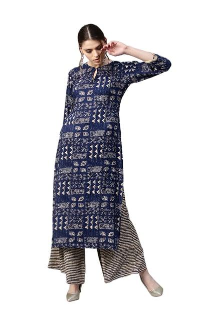 gerua navy & beige printed rayon kurta with palazzo