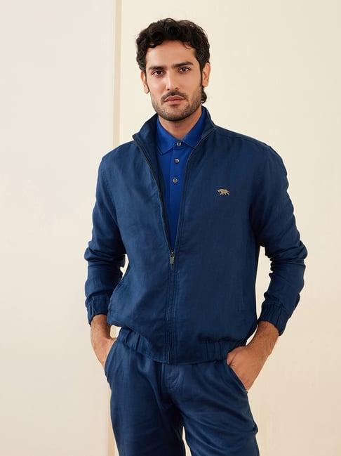 andamen navy 100% linen regular fit solid jacket