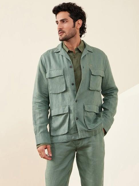 andamen green 100% linen regular fit solid jacket