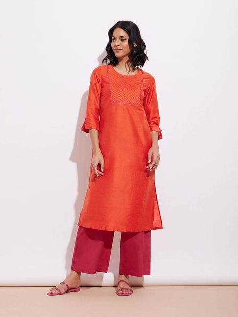 pink fort orange embellished straight kurta