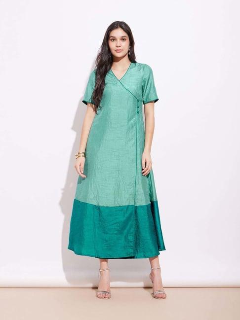 pink fort green color-block a-line dress