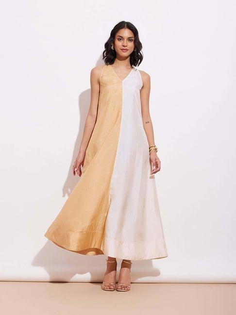 pink fort beige & white color-block maxi dress