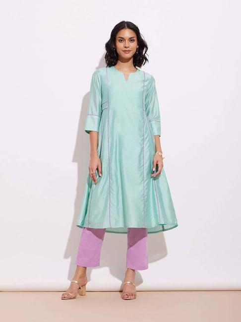 pink fort turquoise plain kurta pant set