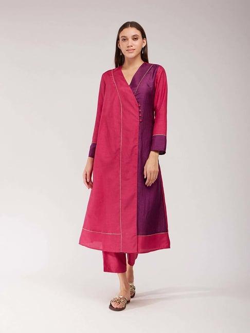 pink fort pink & purple plain kurta pant set