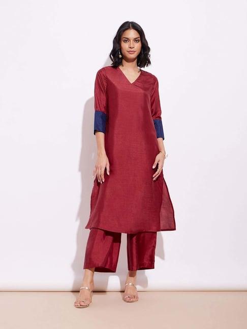 pink fort red & blue plain kurta palazzo set