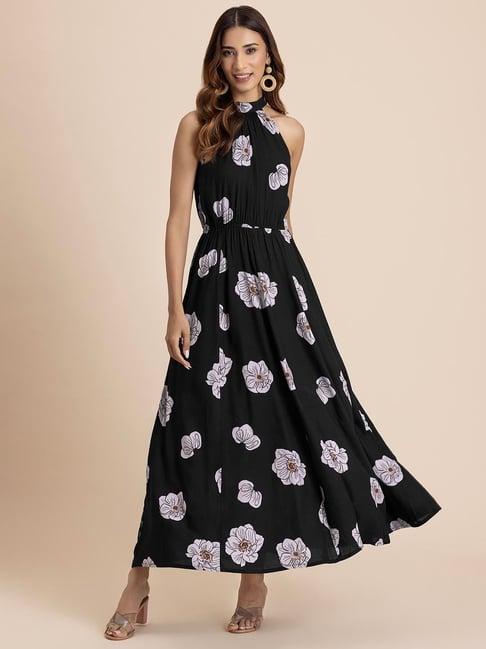 moomaya black floral print maxi dress