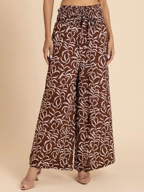 moomaya dark brown printed high rise palazzos