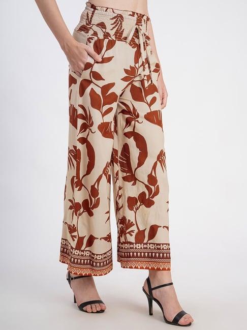 moomaya beige & rust printed high rise palazzos