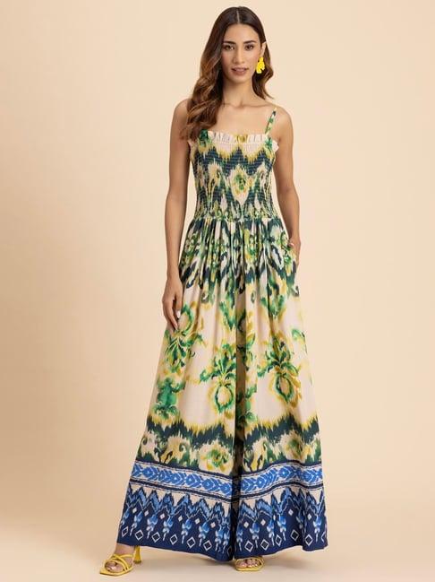 moomaya green & blue printed jumpsuit