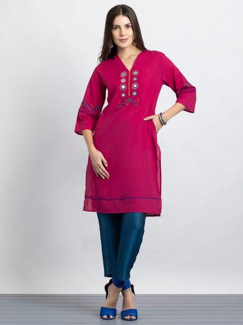 shaye pink cotton embroidered kurta