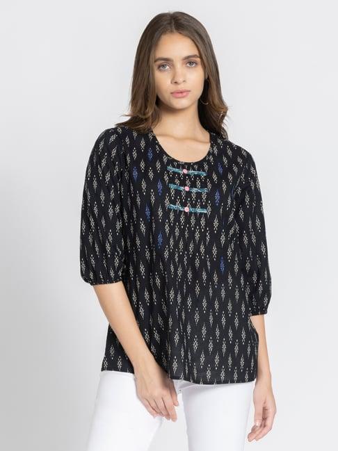 shaye black & white cotton embroidered kurti