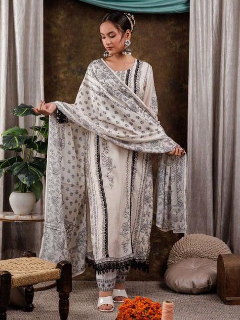 yufta white printed kurta pant set with dupatta