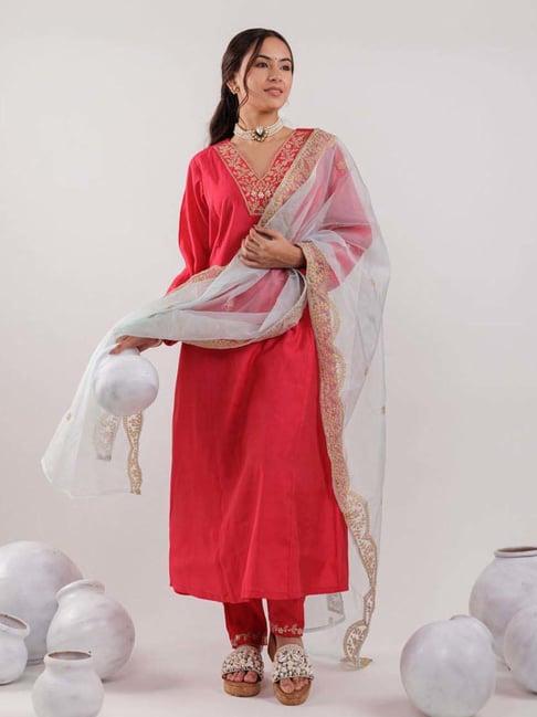 yufta pink embroidered kurta pant set with dupatta