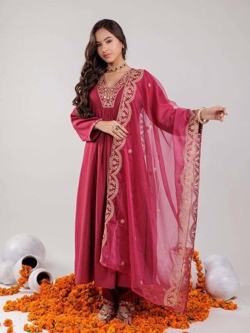 yufta pink embroidered kurta pant set with dupatta