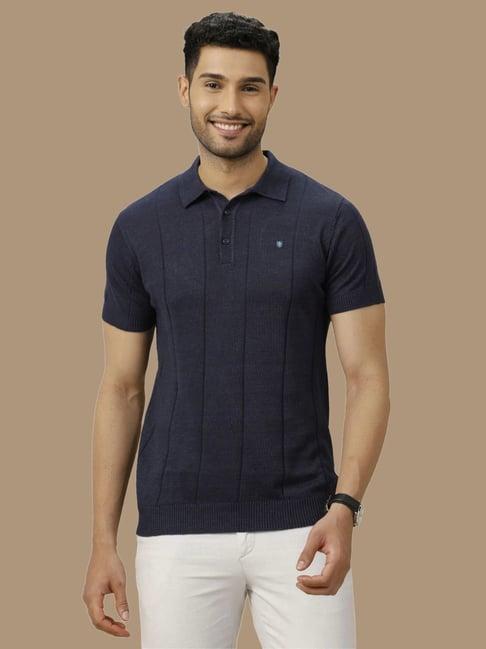 linen club navy blue linen contemporary fit striped polo t-shirt