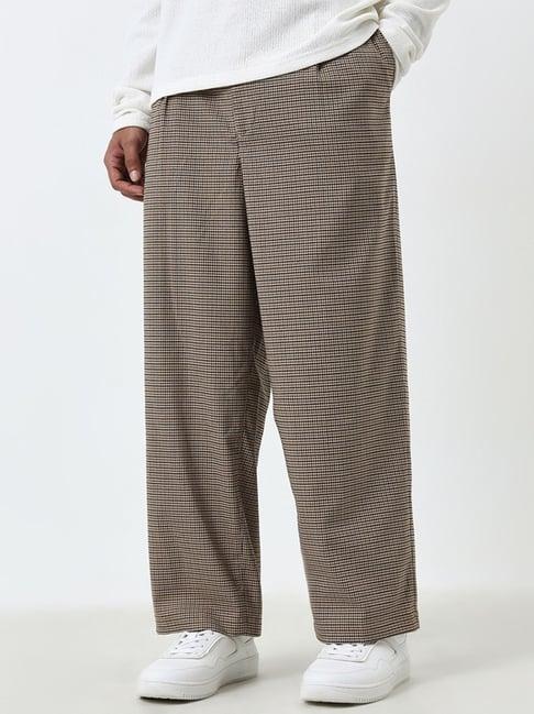 nuon by westside brown baggy-fit mid-rise cotton blend trousers