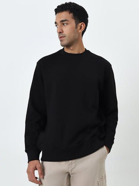 wes casuals by westside black solid relaxed-fit cotton blend sweatshirt